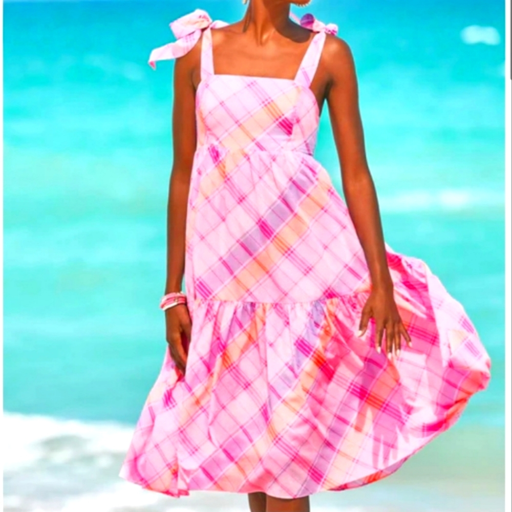 Lilly Pulitzer. Anlee Pink Isle Madras Plaid Cotton Tier Midi Dress.